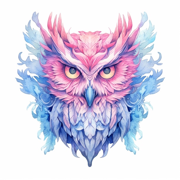 Il y a un hibou coloré avec un visage rose et bleu génératif ai