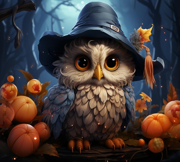 il y a un hibou portant un chapeau de sorcière et entouré de citrouilles ai générative