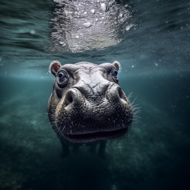 Il y a un hippopotame dans l'eau qui regarde la caméra.