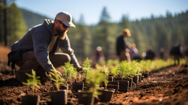 il y a un homme agenouillé et plantant un arbre dans la terre IA générative