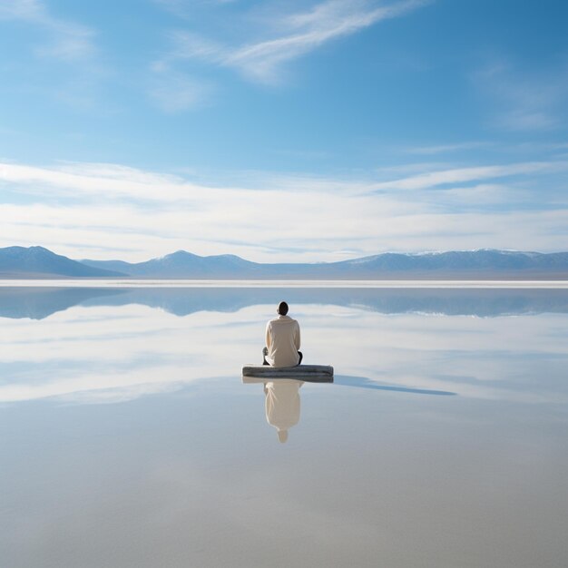 Il y a un homme assis sur une bûche au milieu d'un lac.