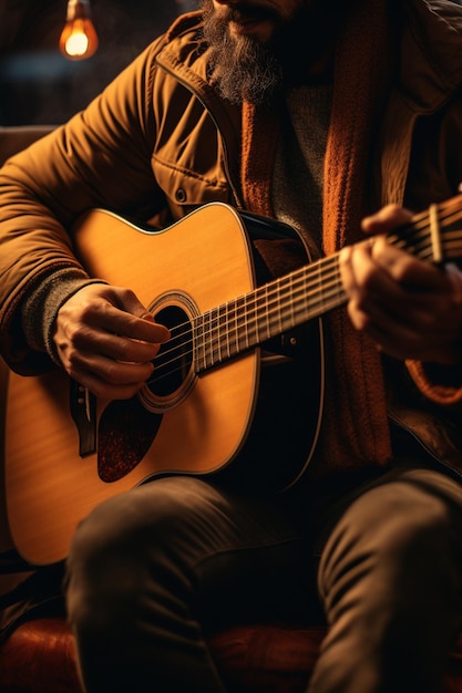 Il y a un homme assis sur un canapé jouant une guitare ai générative