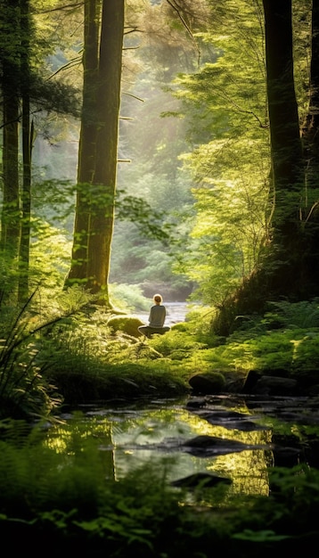 Il y a un homme assis sur un rocher dans les bois.