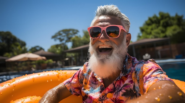 il y a un homme avec une barbe et des lunettes de soleil dans une piscine IA générative