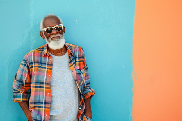 Photo il y a un homme avec une barbe et des lunettes de soleil debout contre un mur génératif ai