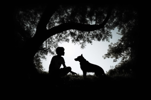Photo il y a un homme et un chien assis sous un arbre génératif ai