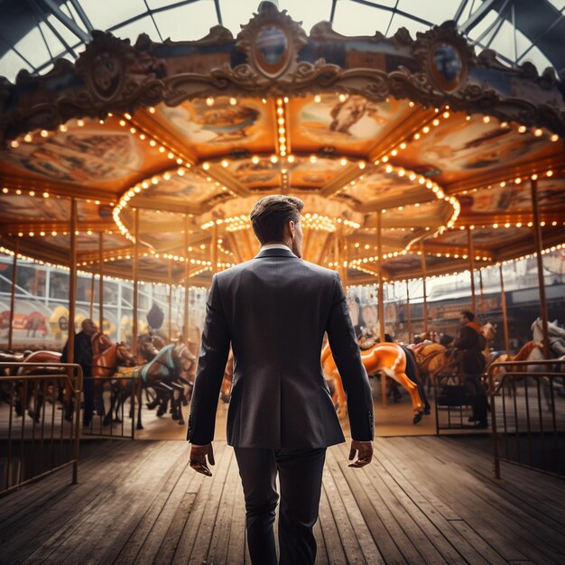 Il y a un homme en costume qui marche vers un carrousel.