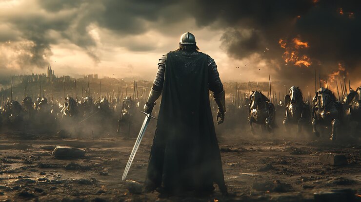 Photo il y a un homme dans une longue robe tenant une épée devant un grand groupe de gens