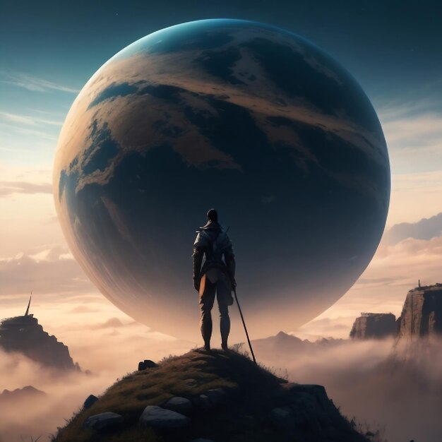 Photo il y a un homme debout sur une colline qui regarde une grande sphère.
