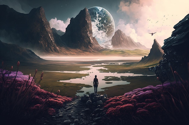 Photo il y a un homme debout sur une colline rocheuse regardant une planète générative ai