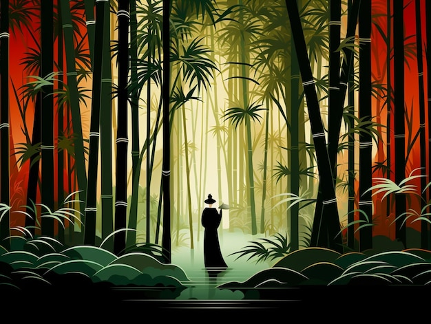 Il y a un homme debout dans une forêt de bambou avec un bâton générateur ai