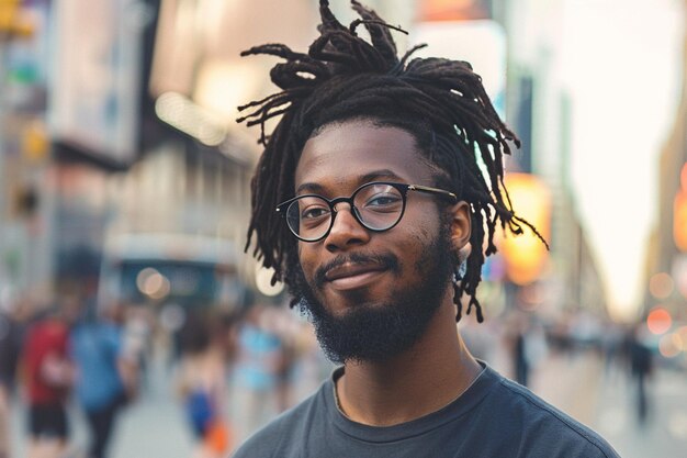 Il y a un homme avec des dreadlocks et des lunettes dans la rue.