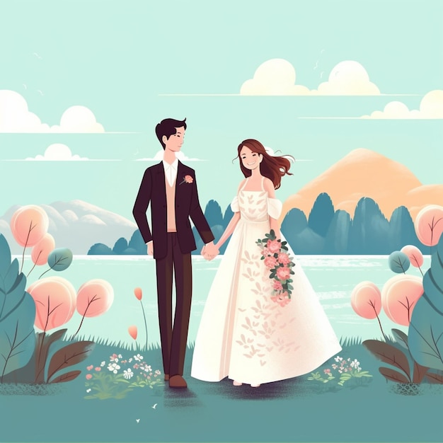 Il y a un homme et une femme dans une robe de mariée qui marchent ensemble.