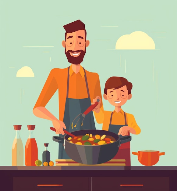 Il y a un homme et un garçon qui cuisinent ensemble dans la cuisine.