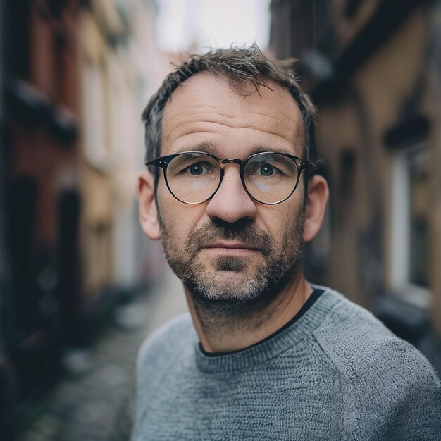 Il y a un homme avec des lunettes dans une allée étroite.