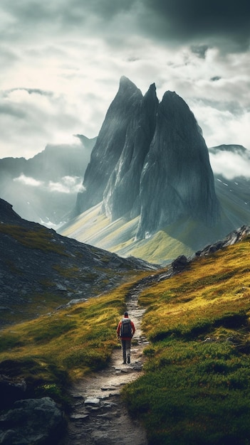 Il y a un homme marchant sur un chemin dans les montagnes générative ai