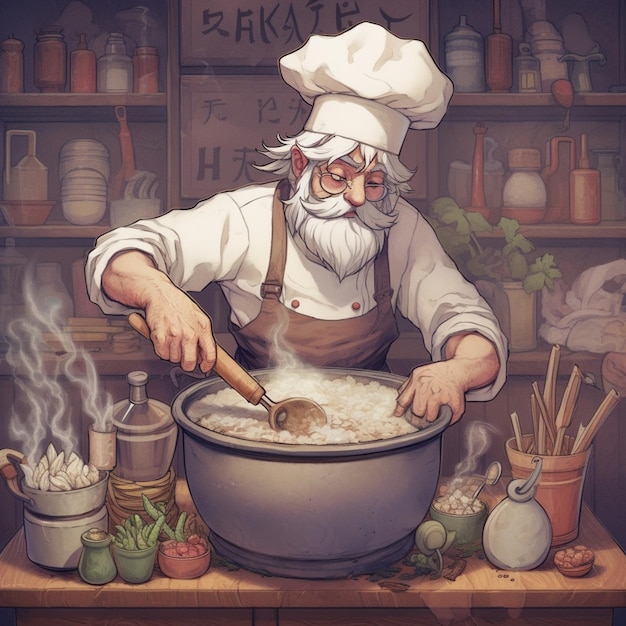 Photo il y a un homme qui cuisine dans une casserole avec une cuillère en bois.