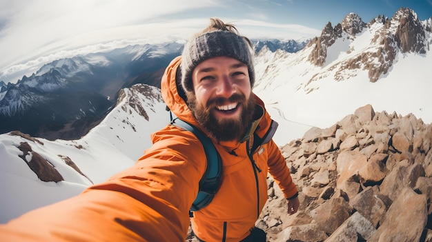 Il y a un homme qui prend un selfie sur une montagne IA générative