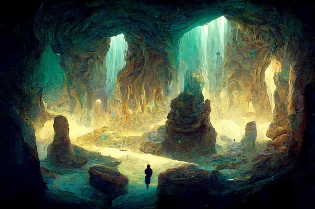 Il y a un homme qui se tient dans une grotte avec une lumière qui brille à travers elle.