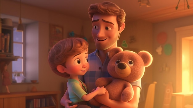 il y a un homme tenant un enfant et un ours en peluche ai génératif