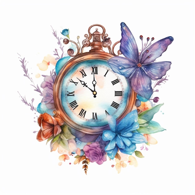 Il y a une horloge avec un papillon et des fleurs autour d'elle.