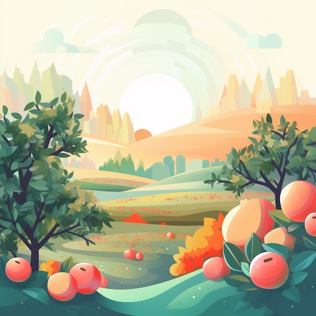 il y a une illustration de dessin animé d'un paysage avec des oranges ai générative