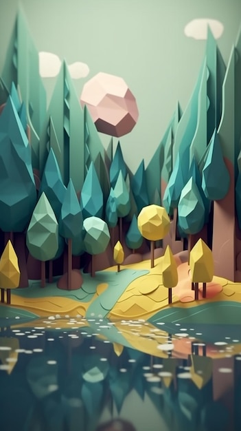 Il y a une illustration numérique d'une forêt avec une rivière générative ai