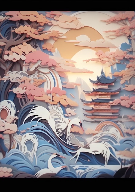 Il y a une image d'un découpage en papier d'un paysage japonais génératif ai