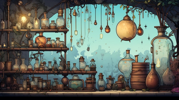 il y a une image de dessin animé d'une pièce avec de nombreuses bouteilles et pots ai génératif