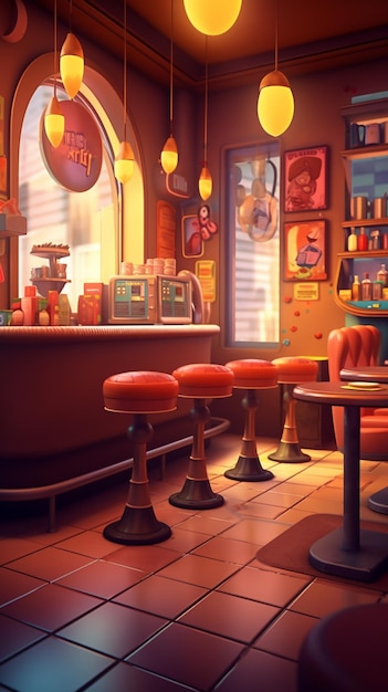 Photo il y a une image de dessin animé d'un restaurant avec un comptoir et des tabourets génératifs ai