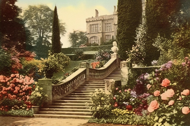 Photo il y a une image d'un jardin avec des fleurs et des escaliers génératifs ai
