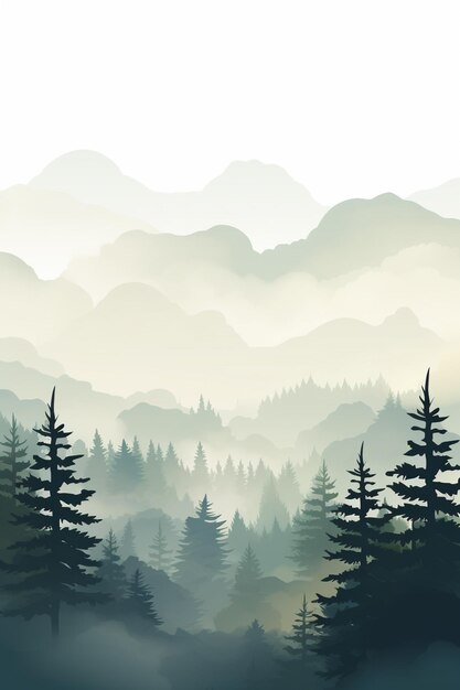 Il y a une image d'une scène de montagne avec des arbres au premier plan.