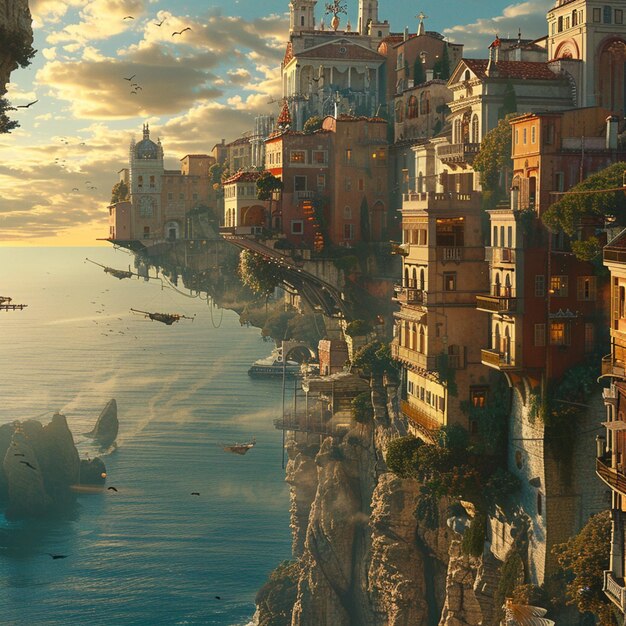Il y a une image d'une ville au bord d'une falaise.