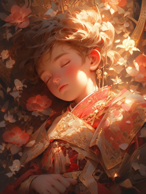 Il y a un jeune garçon qui dort sur un lit couvert de fleurs.