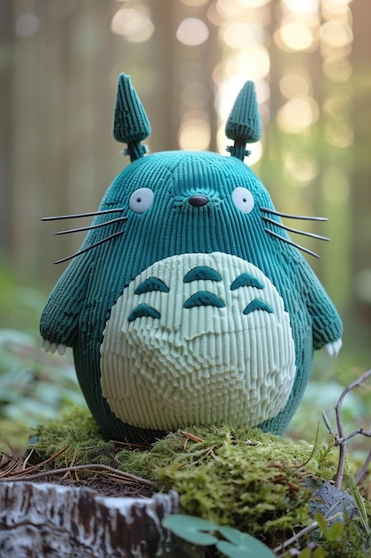 Photo il y a un jouet en peluche d'un totoro assis sur un tronc de mousse.