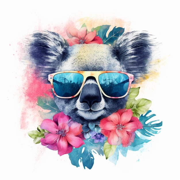 Il y a un koala portant des lunettes de soleil et des fleurs sur la tête ai générative