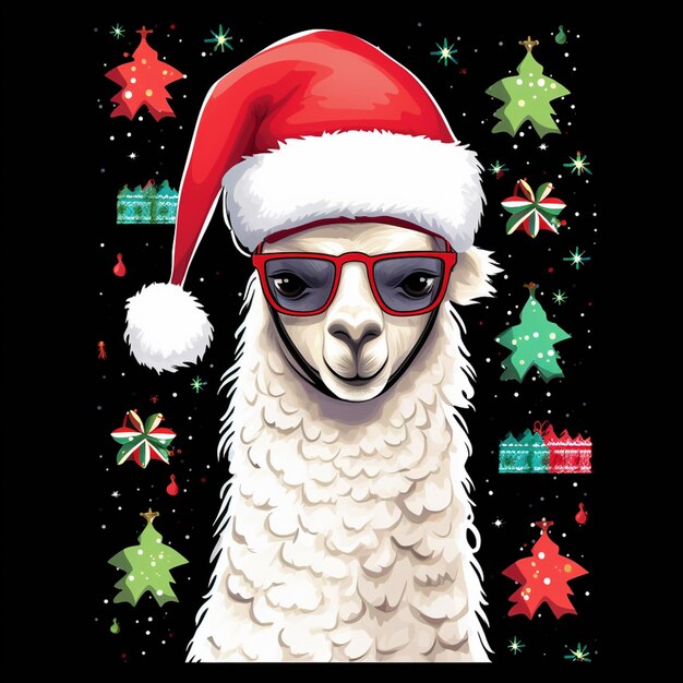 Il y a un lama qui porte des lunettes de soleil et un chapeau de père Noël.