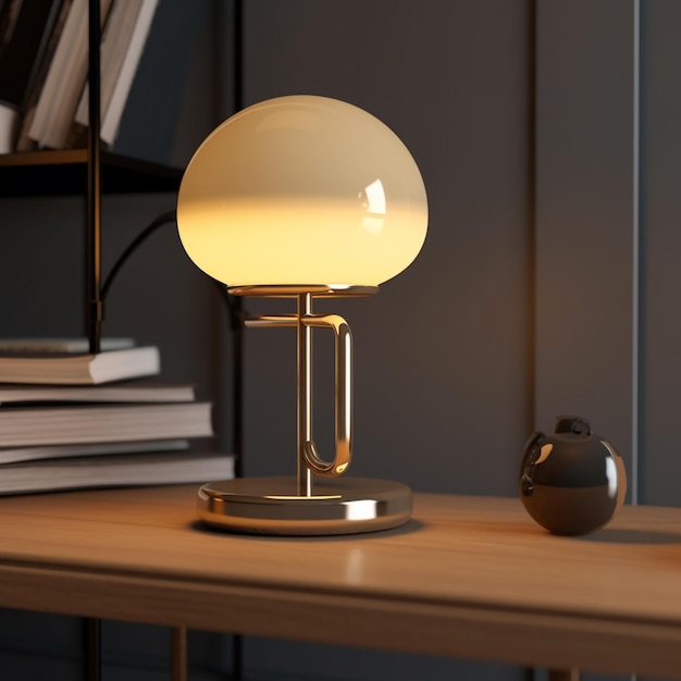 Il y a une lampe qui est sur une table à côté d'une étagère de livre ai générative