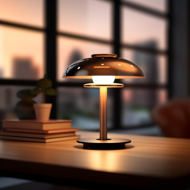 Il y a une lampe qui est sur une table près d'une fenêtre générative ai