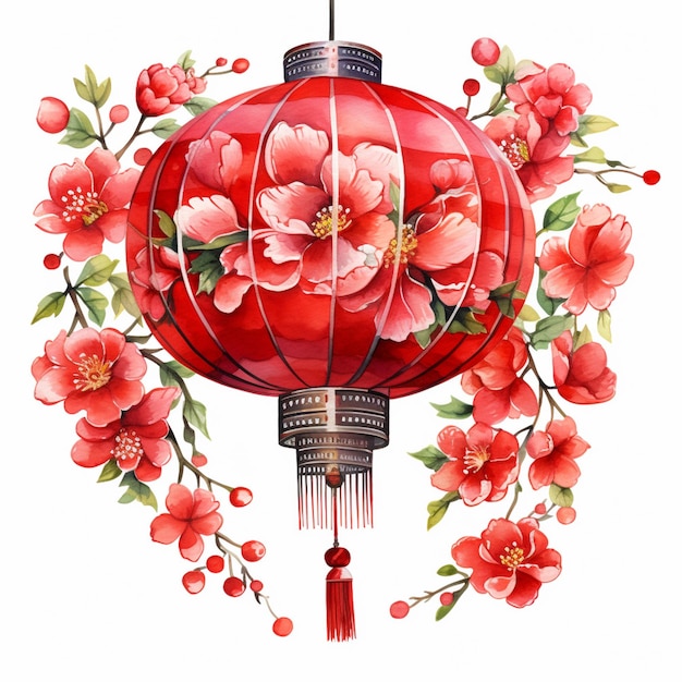 il y a une lanterne rouge avec des fleurs et un pompon qui y est suspendu ai générative