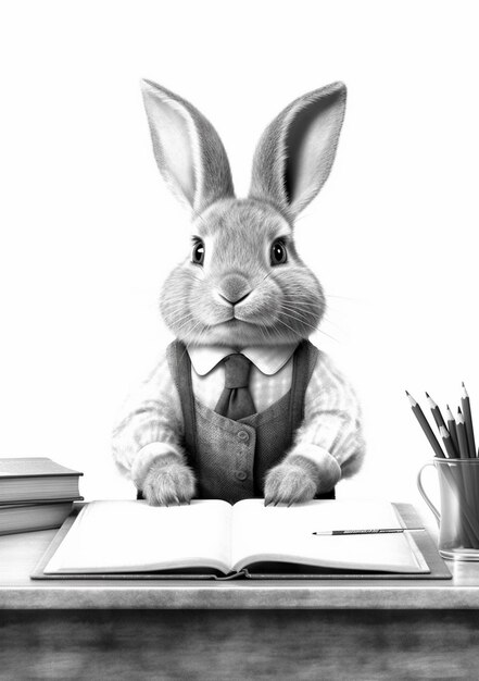 Photo il y a un lapin assis à un bureau avec une ia générative de livre