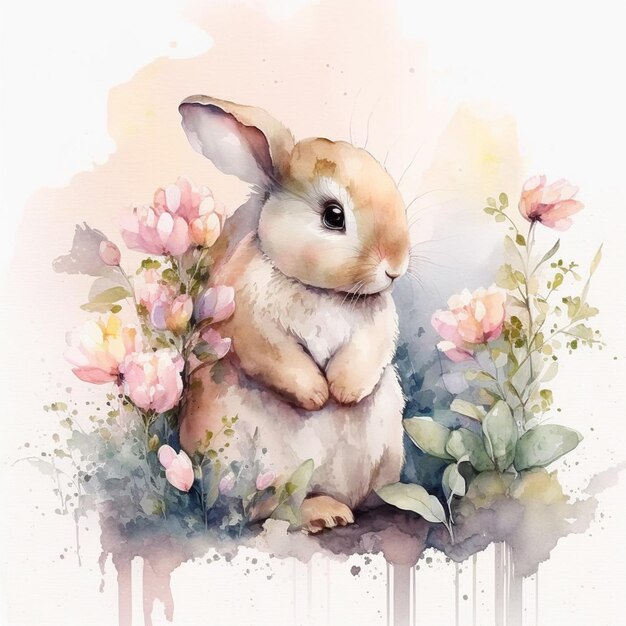 Il y a un lapin assis sur un rocher avec des fleurs en arrière-plan.