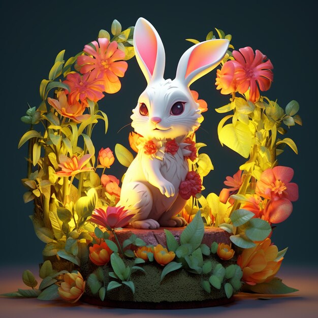 Il y a un lapin blanc assis dans un pot de fleurs avec des fleurs génératives ai