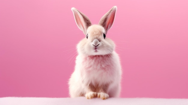 Il y a un lapin blanc assis sur une surface rose générative ai