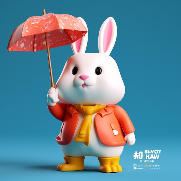 Il y a un lapin blanc avec un parapluie et une veste jaune.