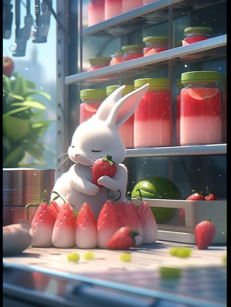 Il y a un lapin blanc qui mange une fraise devant une étagère ai générative