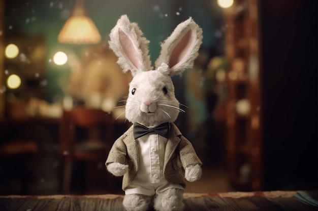 Il y a un lapin blanc qui porte un costume et un nœud papillon.