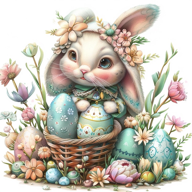 Il y a un lapin avec une couronne de fleurs et des œufs génératifs ai