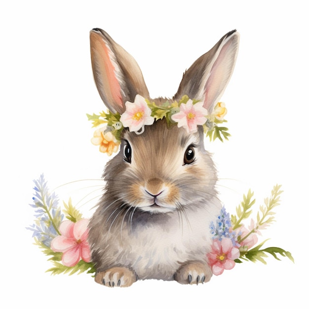 Il y a un lapin avec une couronne de fleurs sur sa tête ai générative