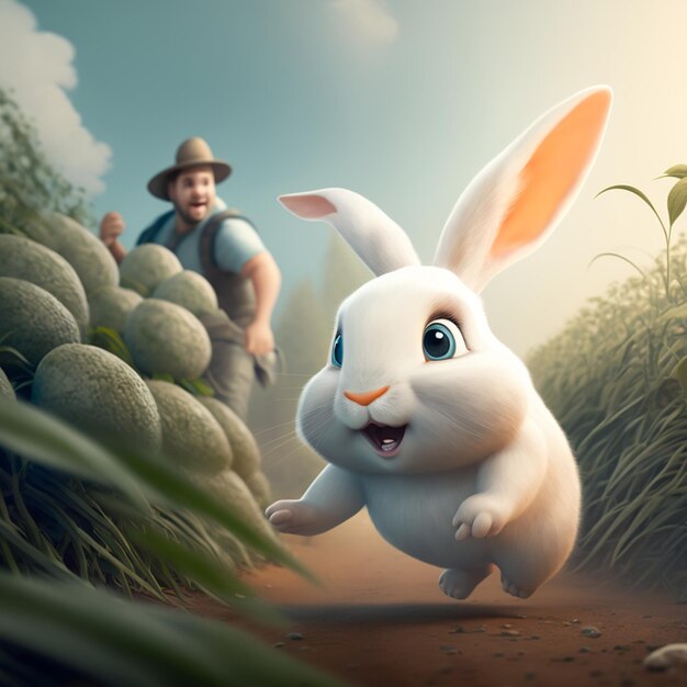 il y a un lapin de dessin animé qui court dans l'herbe avec un homme en arrière-plan ai générative